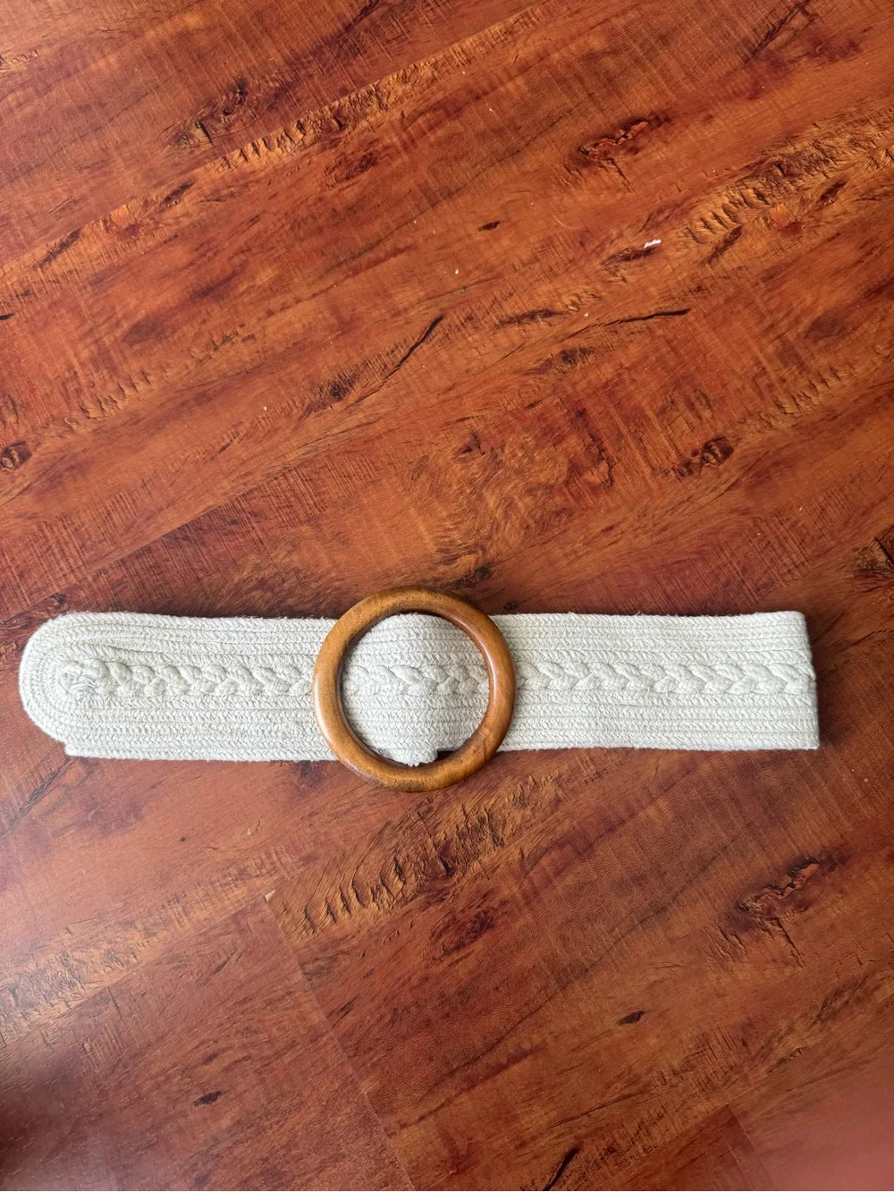 Wooden Ring Belt with Braided Cream Strap